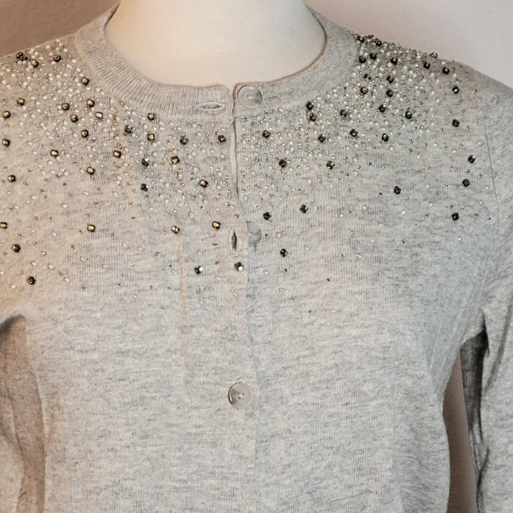 LOFT Women's Beaded Light Grey Long Sleeve Sweater Cardigan, Size L NWT - Picture 4 of 12